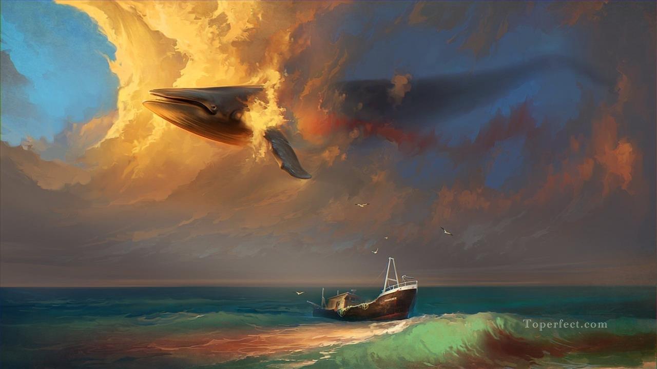 clouds ships whales seagulls in sky Oil Paintings
